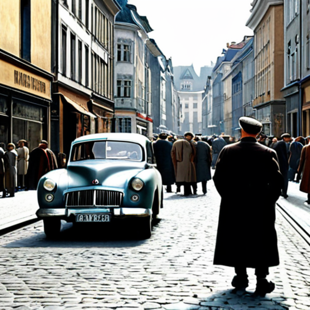 **
"A bustling European city street scene, post-World War II, with signs of reconstruction. Marshall Plan posters visible, people in modest clothing, period cars. Safe for work, appropriate content, fully clothed, professional photography, natural proportions, perfect anatomy, high quality."
**
