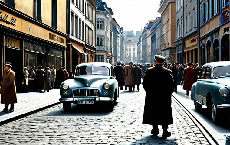 **
"A bustling European city street scene, post-World War II, with signs of reconstruction. Marshall Plan posters visible, people in modest clothing, period cars. Safe for work, appropriate content, fully clothed, professional photography, natural proportions, perfect anatomy, high quality."
**