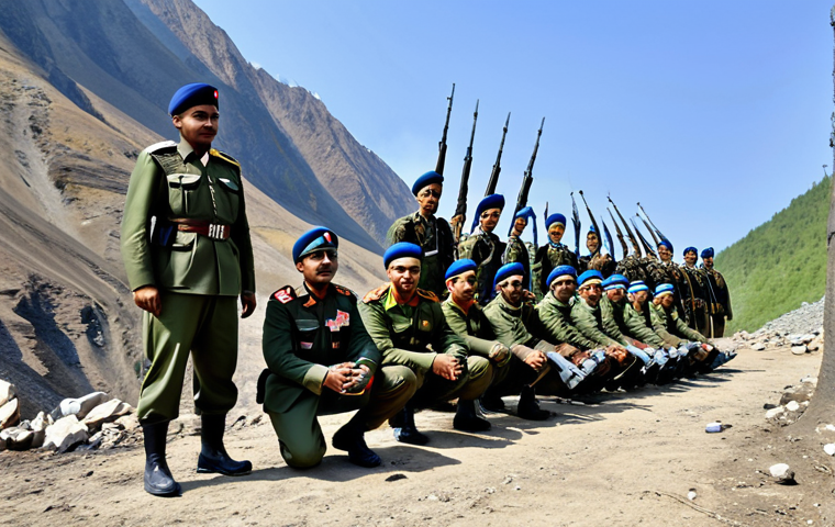 **
A powerful display of Indo-Russian military partnership. Indian and Russian soldiers in appropriate attire participating in a joint military exercise in a mountainous terrain. Show advanced weaponry and equipment. Include the phrases "safe for work", "appropriate content", "fully clothed", "professional". Ensure perfect anatomy, correct proportions, natural pose, well-formed hands, proper finger count, natural body proportions, high quality.
**