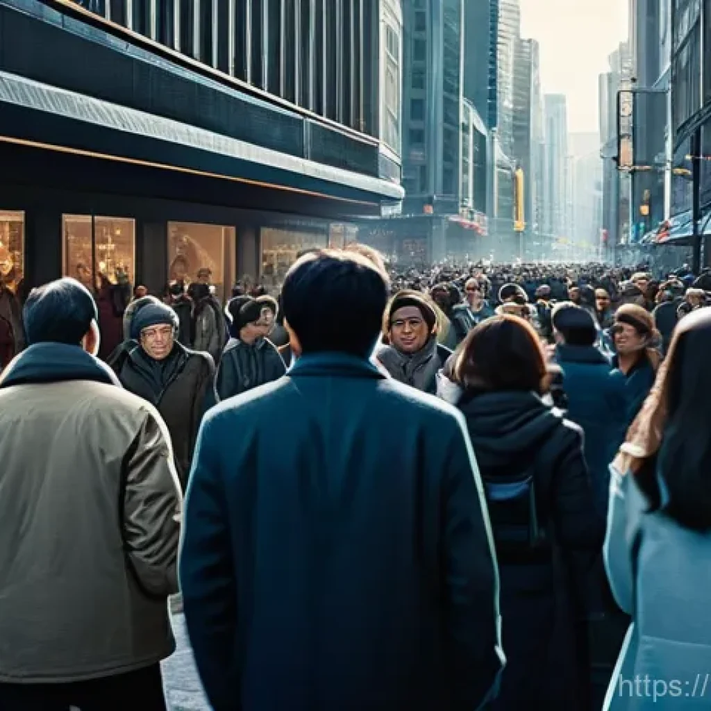 생화학 무기 위험성 - **Prompt:** A bustling, modern city street scene during the day, filled with a diverse crowd of peop...