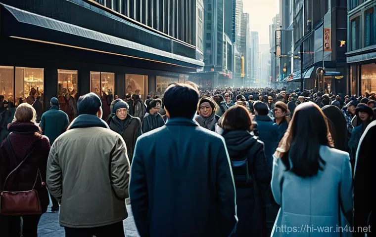생화학 무기 위험성 - **Prompt:** A bustling, modern city street scene during the day, filled with a diverse crowd of peop...