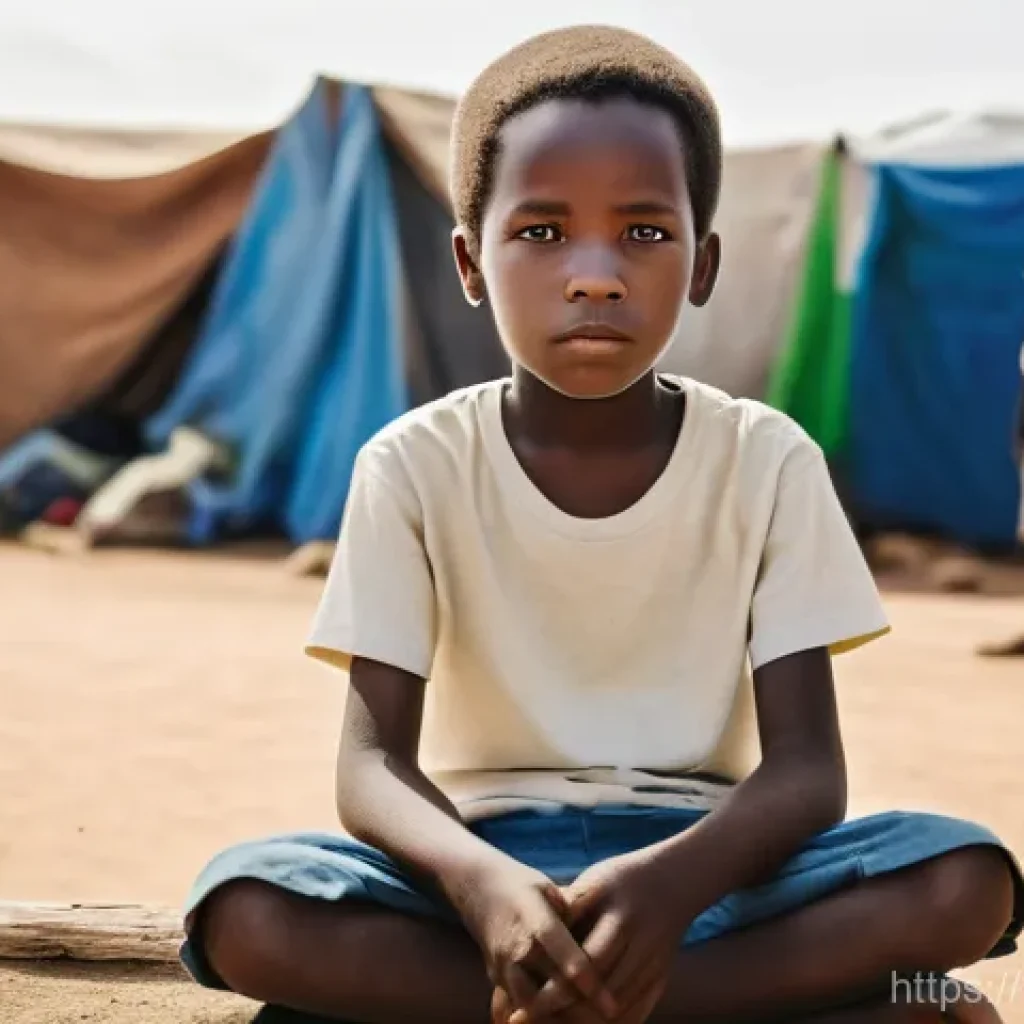 아프리카 지역 분쟁 - **Prompt:** A dignified portrait of an African child, approximately 7-8 years old, sitting contempla...
