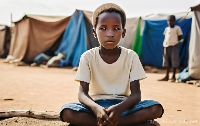아프리카 지역 분쟁 - **Prompt:** A dignified portrait of an African child, approximately 7-8 years old, sitting contempla...