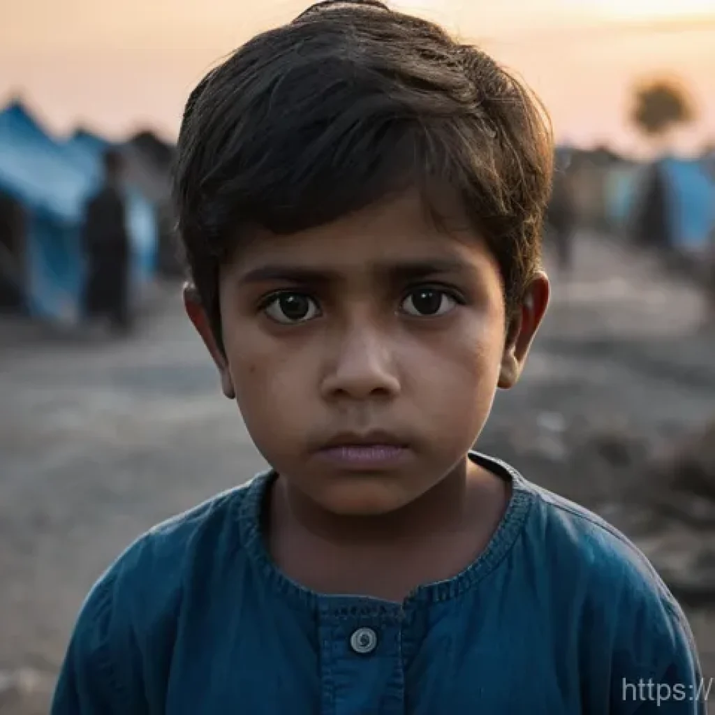 전쟁 중 민간인 피해 사례 - **Prompt:** "A close-up portrait of a young child, approximately 7-9 years old, with deep, somber ey...