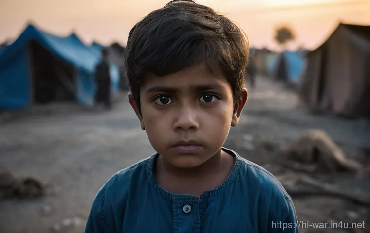 전쟁 중 민간인 피해 사례 - **Prompt:** "A close-up portrait of a young child, approximately 7-9 years old, with deep, somber ey...