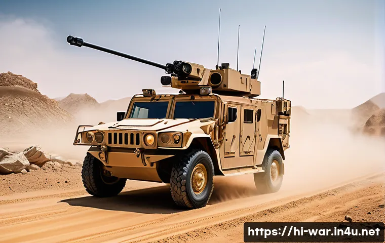 레이저 무기 실전 배치 - A futuristic laser weapon system mounted on a military vehicle, featuring glowing high-intensity las...