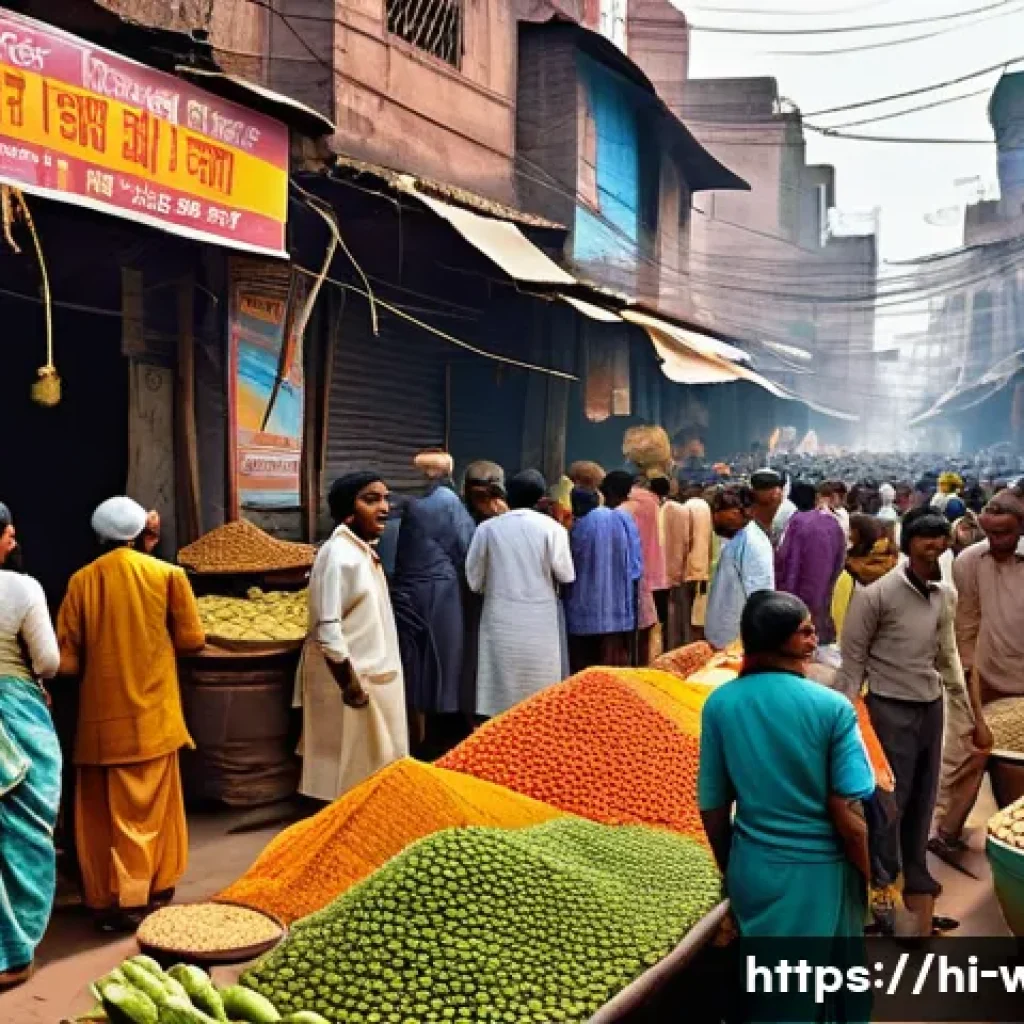 전쟁과 경제적 영향 - A detailed digital illustration of an Indian urban marketplace during wartime inflation, showing bus...