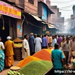 Home 20 전쟁과 경제적 영향 - A detailed digital illustration of an Indian urban marketplace during wartime inflation, showing bus...