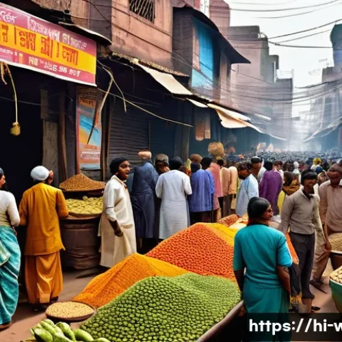 Home 32 전쟁과 경제적 영향 - A detailed digital illustration of an Indian urban marketplace during wartime inflation, showing bus...