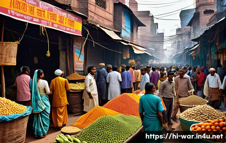 전쟁과 경제적 영향 - A detailed digital illustration of an Indian urban marketplace during wartime inflation, showing bus...