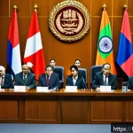 Home 18 국제 전쟁 재판소 기능 - A detailed courtroom scene of an international war crimes tribunal, featuring diverse judges and law...