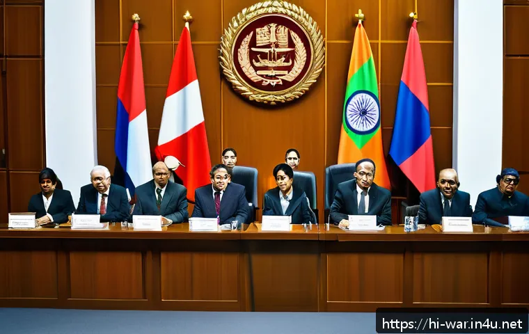 국제 전쟁 재판소 기능 - A detailed courtroom scene of an international war crimes tribunal, featuring diverse judges and law...