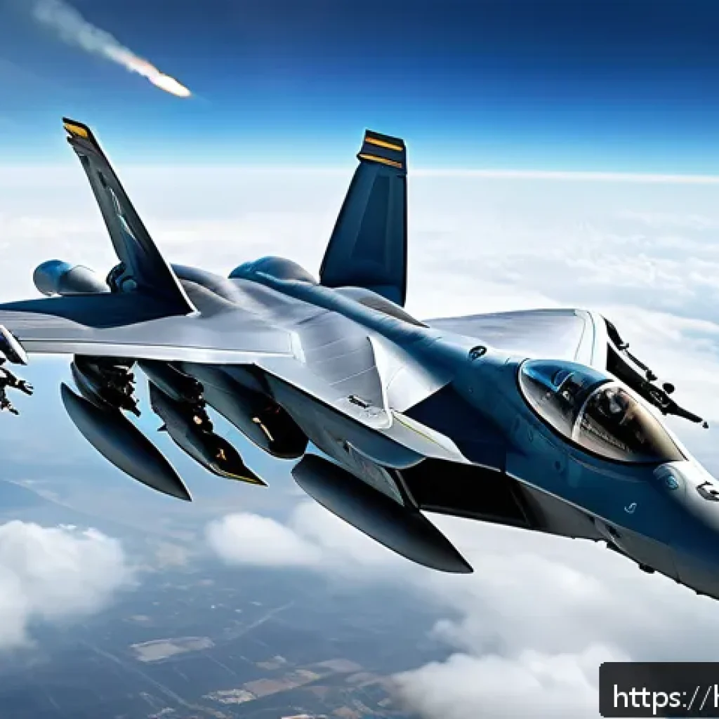 항공전 역사와 발전 - A highly detailed futuristic aerial combat scene showcasing advanced fighter jets equipped with head...