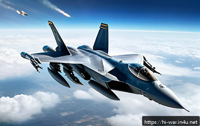 항공전 역사와 발전 - A highly detailed futuristic aerial combat scene showcasing advanced fighter jets equipped with head...