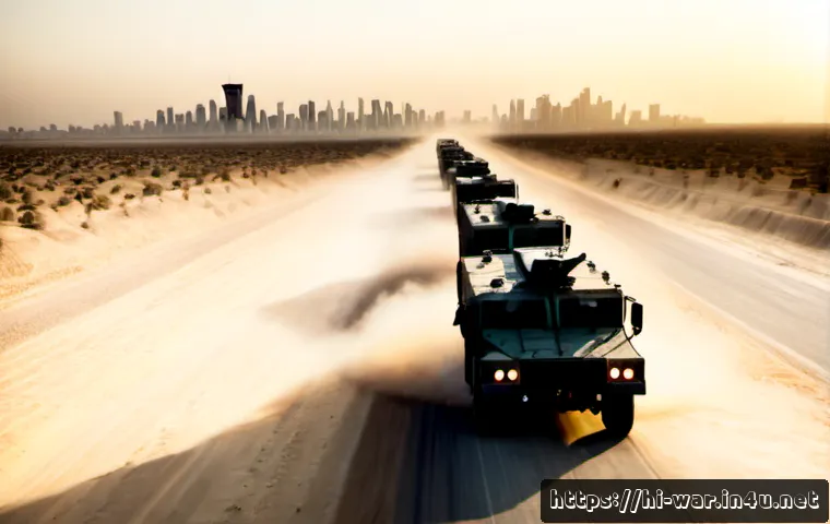 Home 17 이라크 전쟁 주요 작전 - Photorealistic wide-angle desert military convoy during the Iraq War era, armored vehicles moving al...