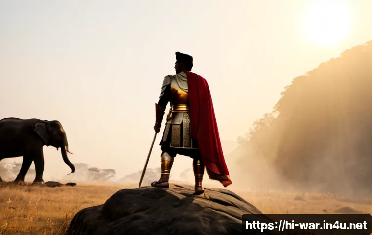 고대 전쟁 영웅과 전설 - Photorealistic ancient Indian war hero standing on a rocky battlefield at sunrise, polished bronze a...