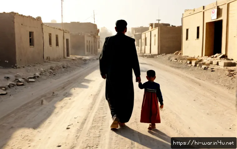 이라크 내전 - Photorealistic humanitarian scene in Iraq during civil conflict, an Iraqi family in modest everyday ...